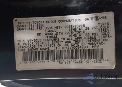 2000 Toyota Land Cruiser from USA, damaged, VIN JT3HT05J1Y0084793